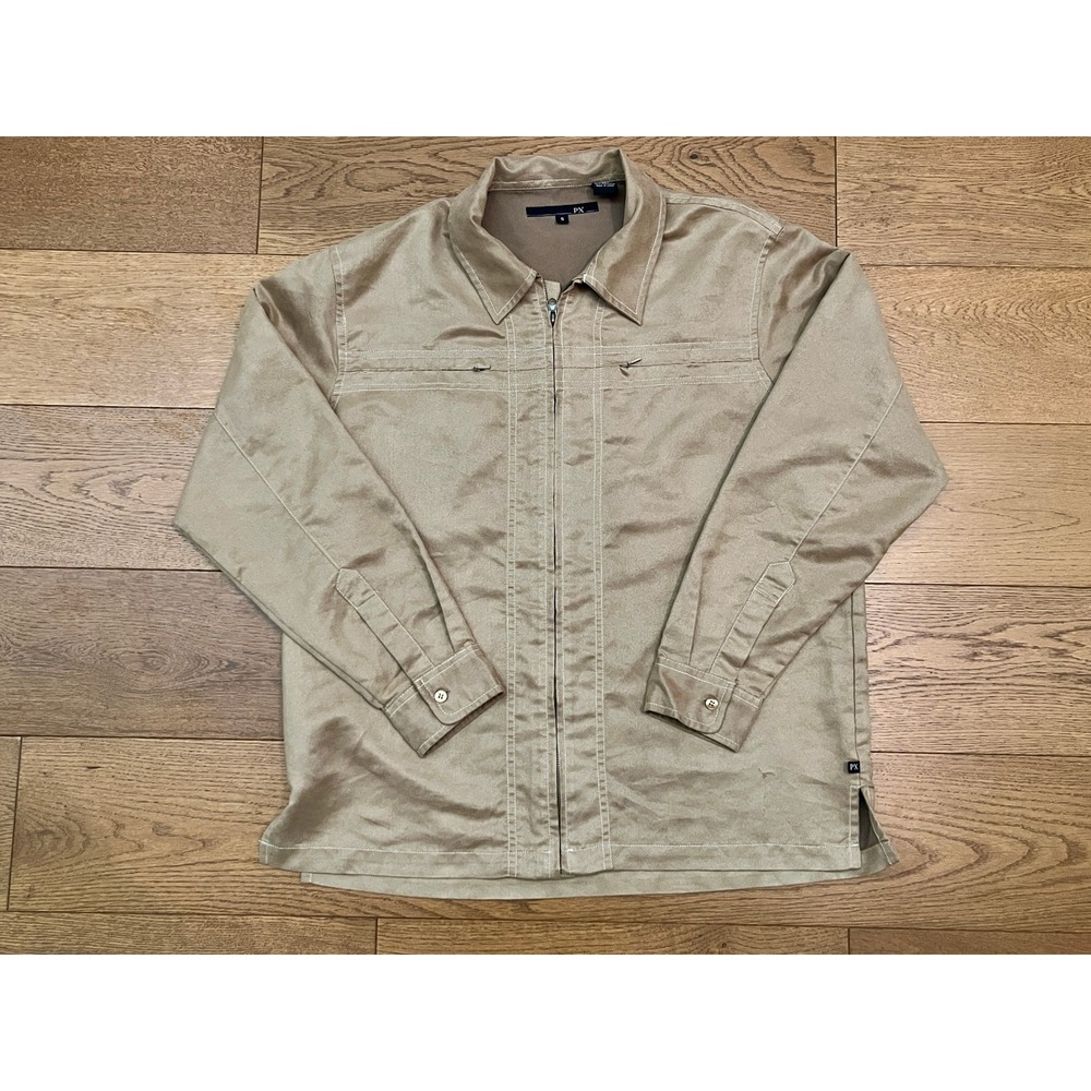 PX Mens Faux Suede Full Zip Shirt Jacket Tan Small Contrast Stitching‎ Pockets